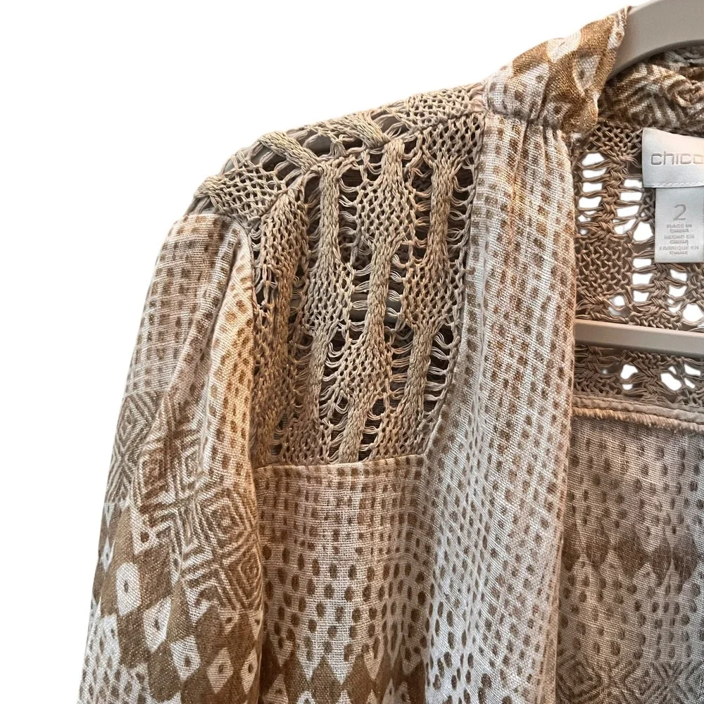 Chicos Linen Open Front Cardigan Tan Size 2 (L/XL) Kimono Boho Lagenlook Relaxed